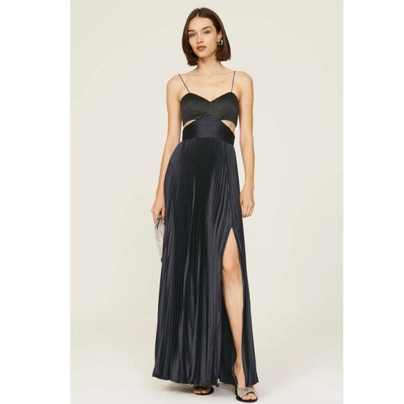 AMUR Black Satin Pleated Bustier Rib Cut-Outs Elodie  A-Line Gown Size 4 - Picture 1 of 16